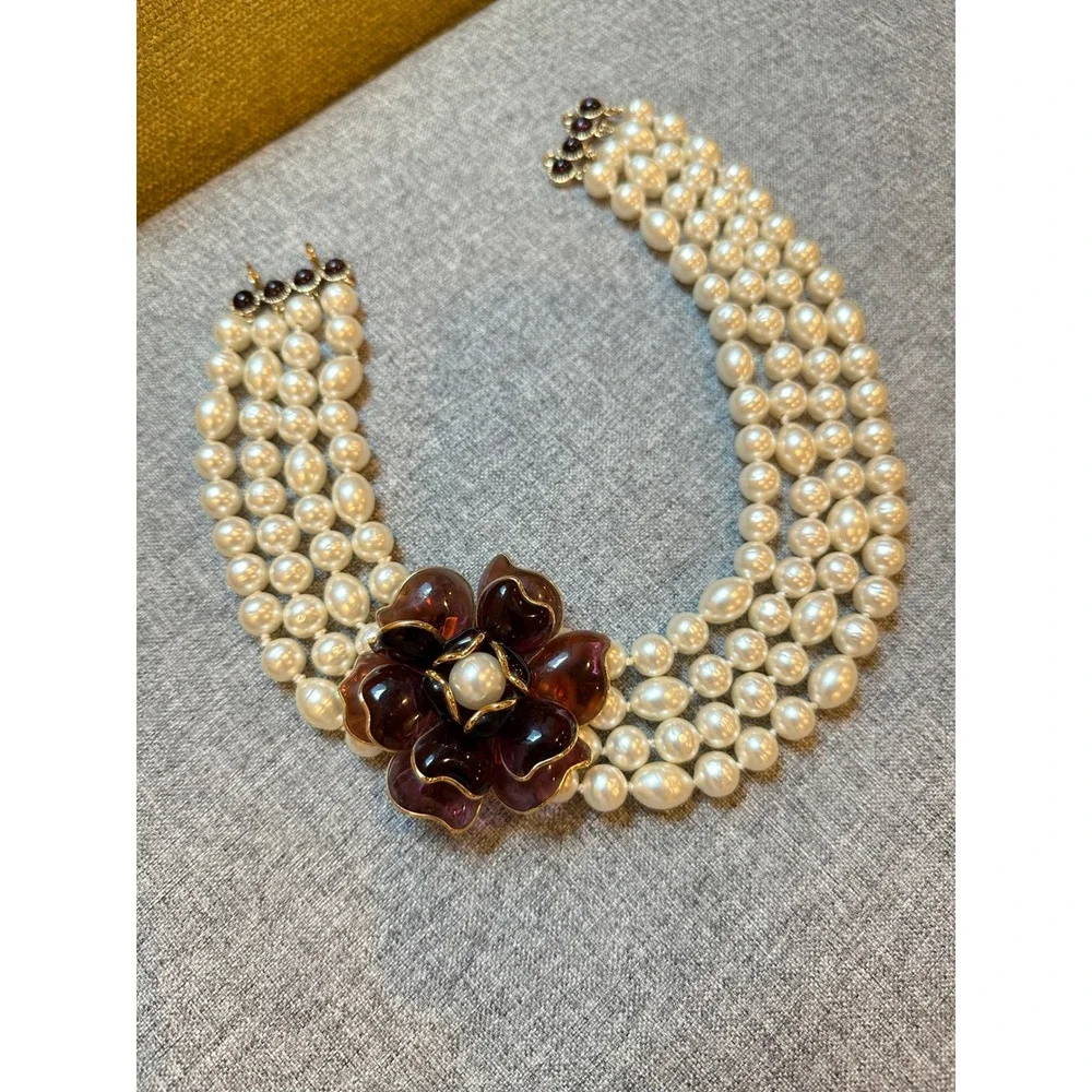 Chanel 05P Vintage Gripoix Camelia Glass Flower Four Strand Pearl Necklace